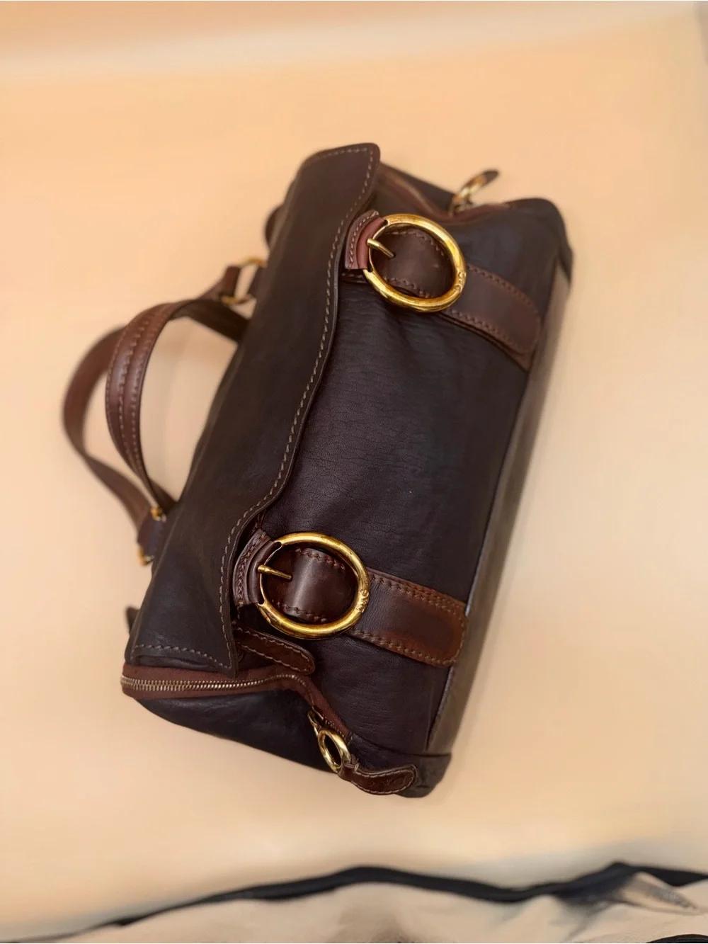 Dolce & Gabbana Dark Brown Leather Duffel with Gold Buckle Accents